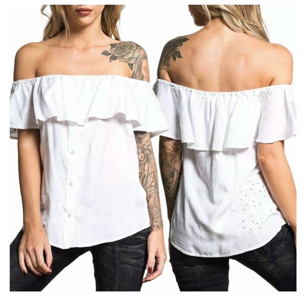 Affliction Sydney Rose Rhinestone Women’s s Off Shoulder Button Up Ruffle Top Wh